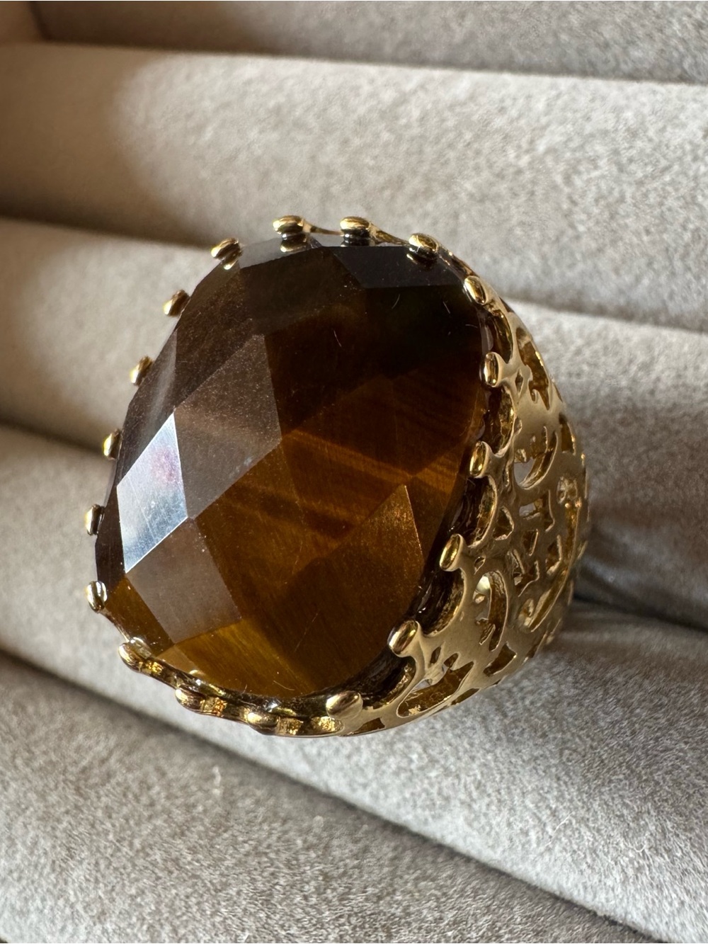 Faceted Tiger’s Eye Gold Tone 316L Stainless Steel Statement Ring Size 9.5
